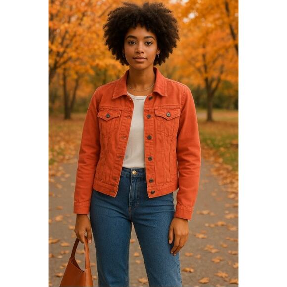 L.L. Bean Women's XS Orange Denim Jean Jacket Button Front Classic Fit - Picture 1 of 10